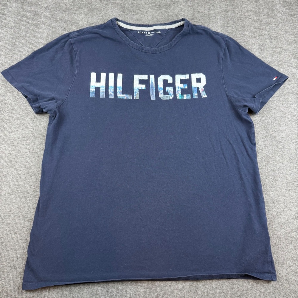 Tommy Hilfiger T-Shirt Women's Medium Navy Blue Cityscape Logo Graphic Tee